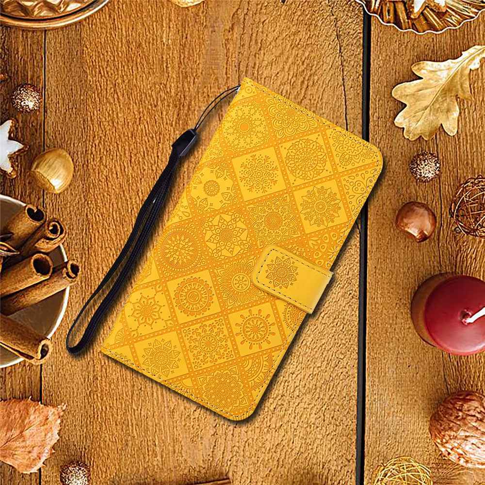 For Samsung Galaxy A57 5G Case Leather Case Ethnic Style Wallet Phone Cover with Strap - Yellow