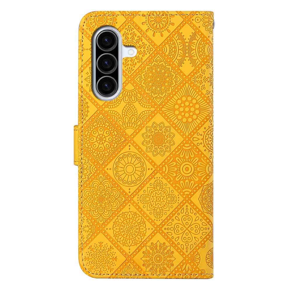 For Samsung Galaxy A57 5G Case Leather Case Ethnic Style Wallet Phone Cover with Strap - Yellow