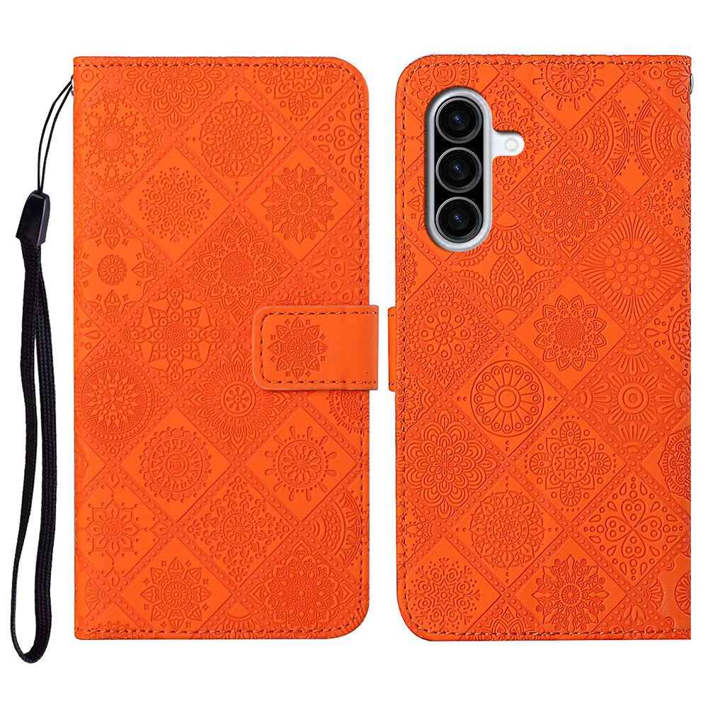 For Samsung Galaxy A57 5G Case Leather Case Ethnic Style Wallet Phone Cover with Strap - Orange