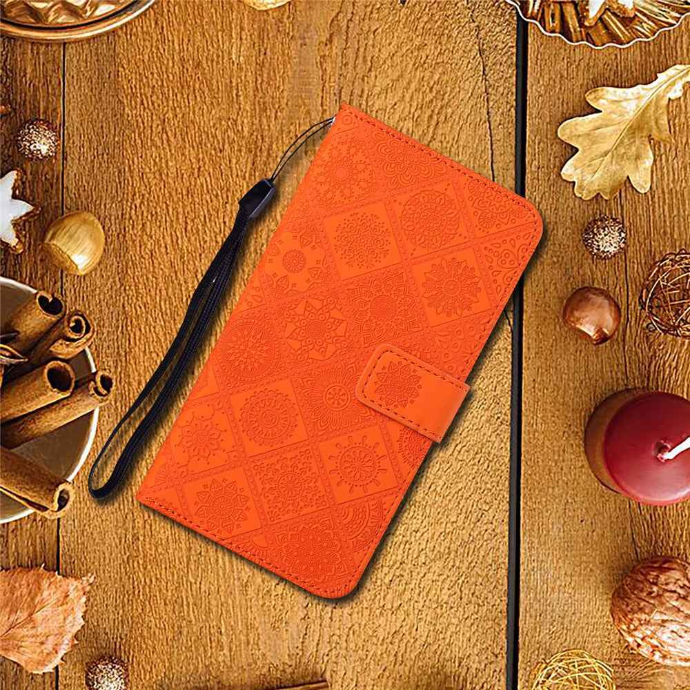 For Samsung Galaxy A57 5G Case Leather Case Ethnic Style Wallet Phone Cover with Strap - Orange