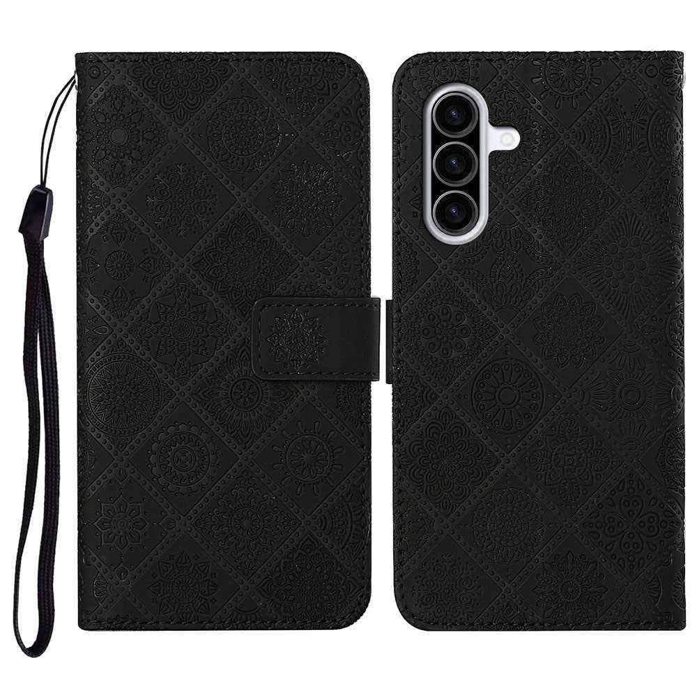 For Samsung Galaxy A57 5G Case Leather Case Ethnic Style Wallet Phone Cover with Strap - Black