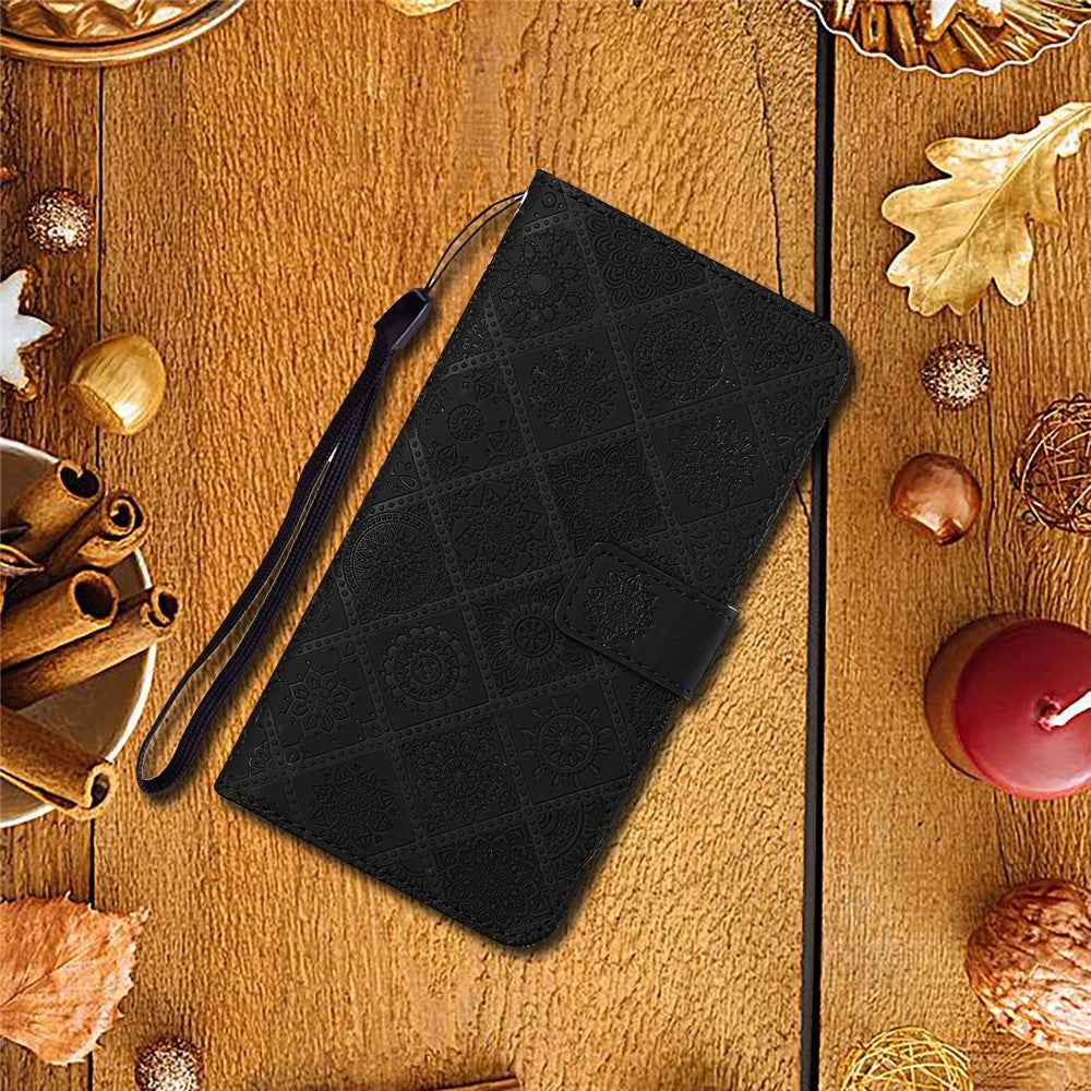 For Samsung Galaxy A57 5G Case Leather Case Ethnic Style Wallet Phone Cover with Strap - Black