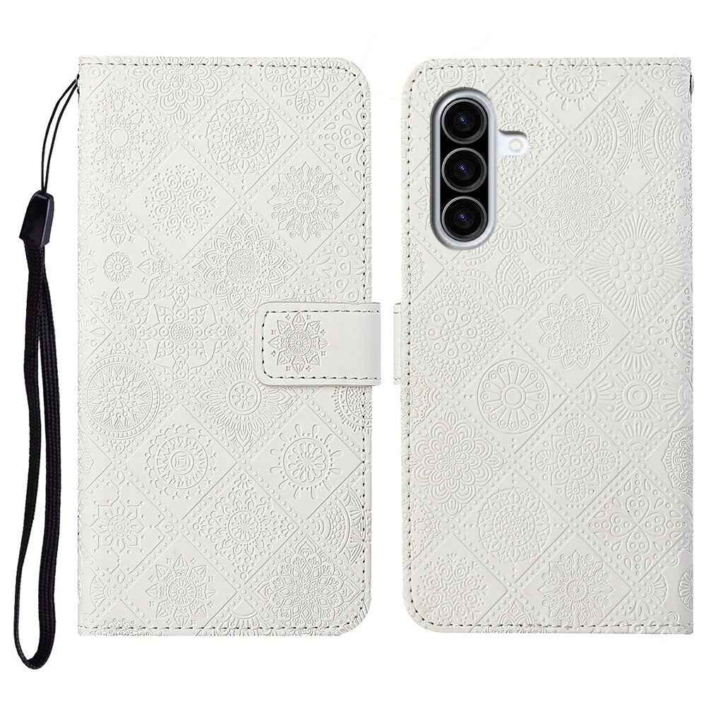 For Samsung Galaxy A57 5G Case Leather Case Ethnic Style Wallet Phone Cover with Strap - White
