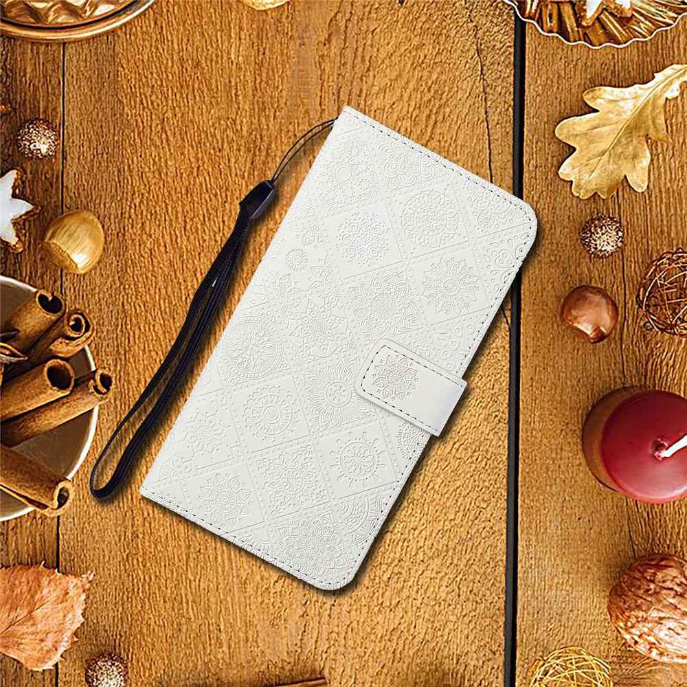 For Samsung Galaxy A57 5G Case Leather Case Ethnic Style Wallet Phone Cover with Strap - White