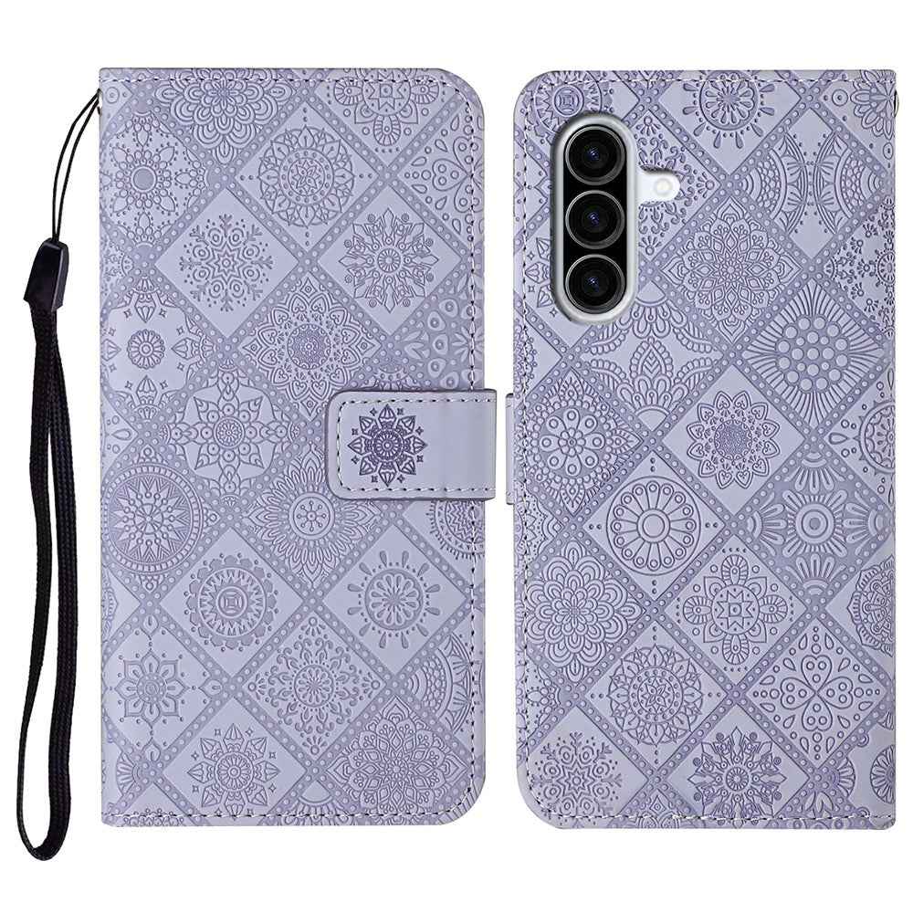 For Samsung Galaxy A57 5G Case Leather Case Ethnic Style Wallet Phone Cover with Strap - Purple