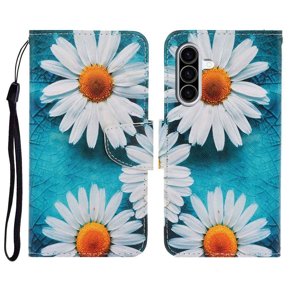 For Samsung Galaxy A57 5G Case Pattern Printing Protective Leather Folio Phone Cover with Wrist Strap - Chrysanthemum