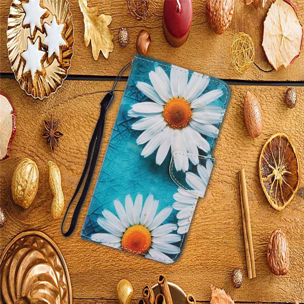 For Samsung Galaxy A57 5G Case Pattern Printing Protective Leather Folio Phone Cover with Wrist Strap - Chrysanthemum