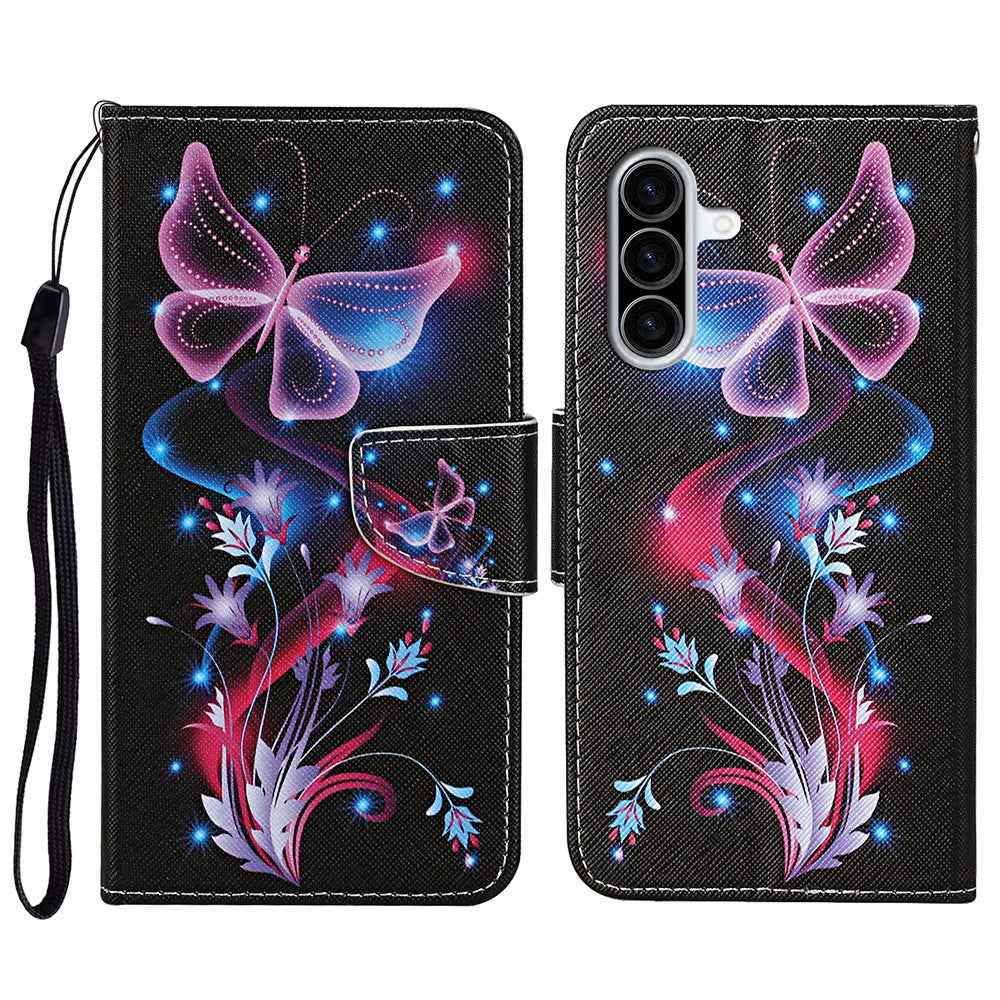 For Samsung Galaxy A57 5G Case Pattern Printing Protective Leather Folio Phone Cover with Wrist Strap - Glowing Butterfly