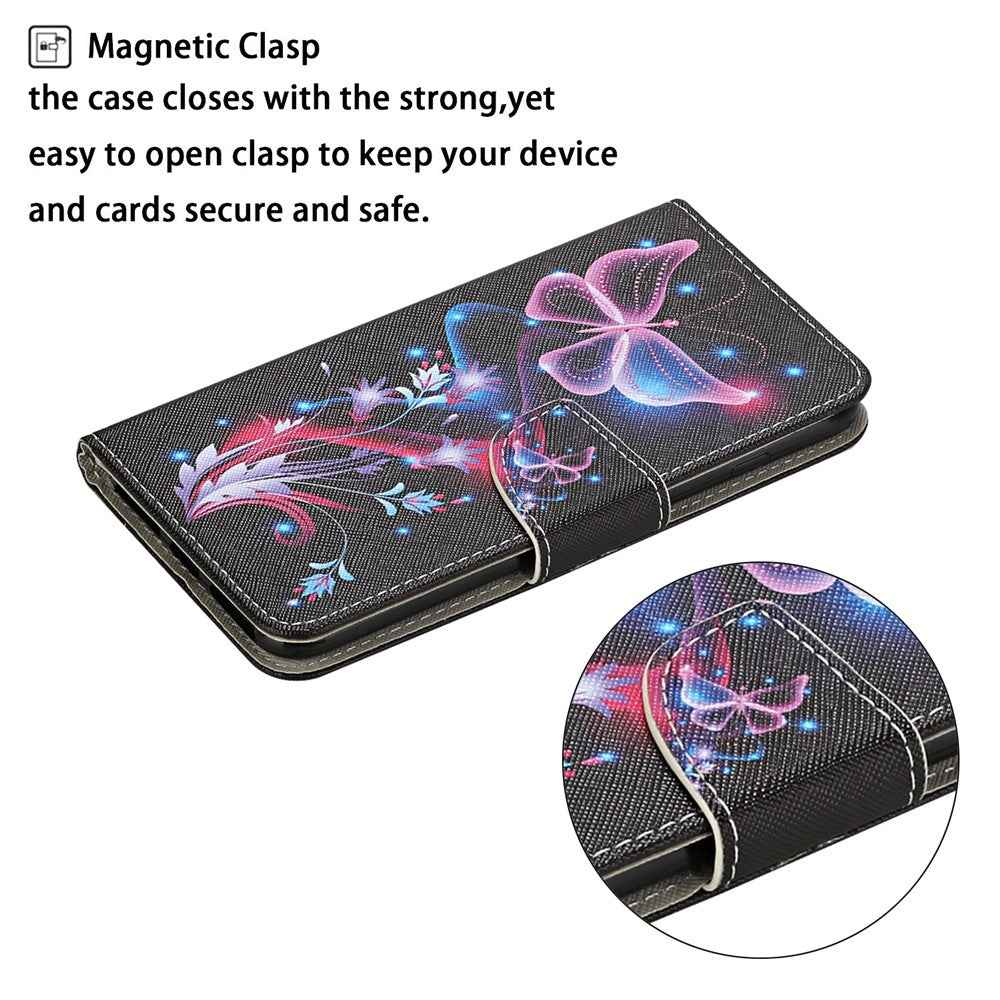 For Samsung Galaxy A57 5G Case Pattern Printing Protective Leather Folio Phone Cover with Wrist Strap - Glowing Butterfly