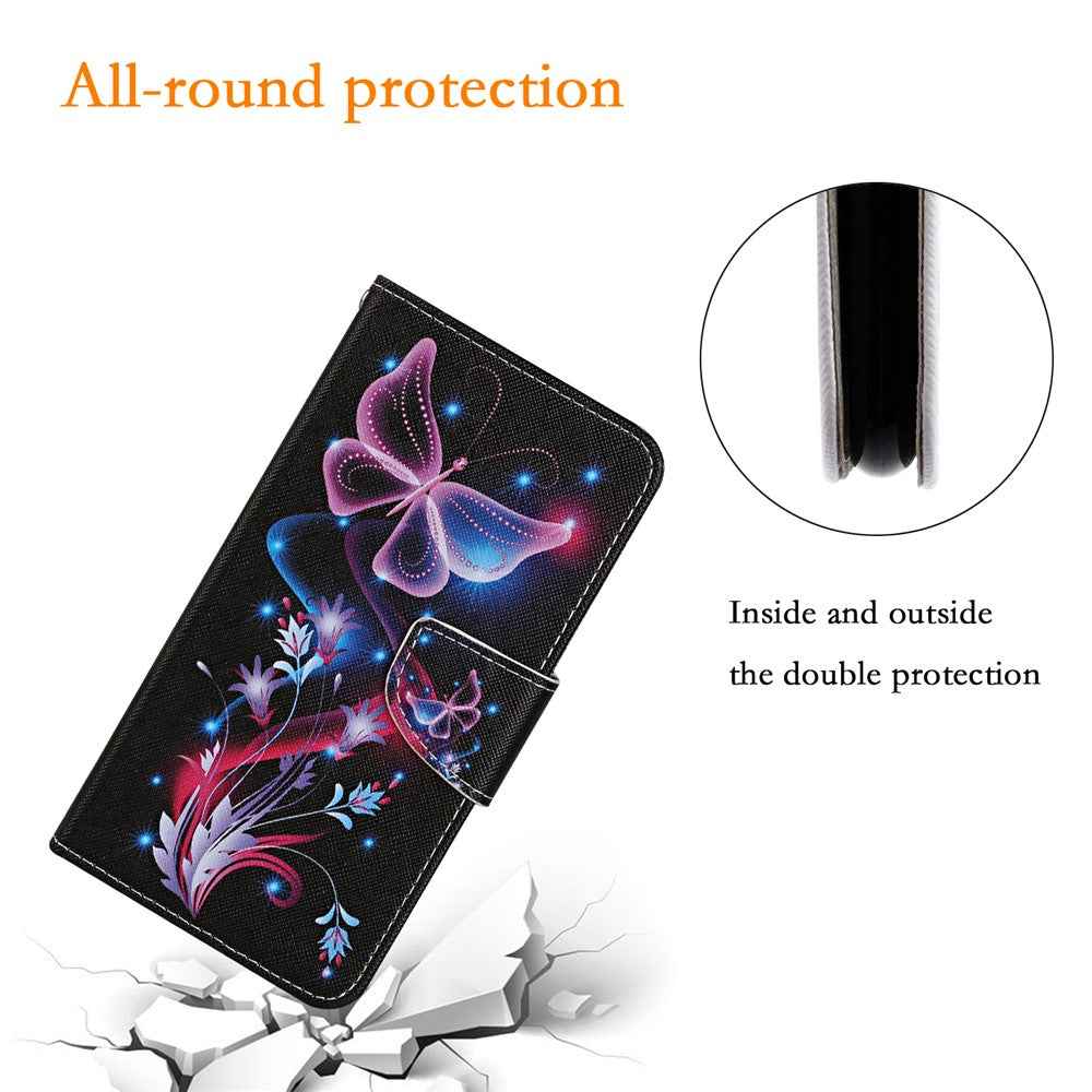 For Samsung Galaxy A57 5G Case Pattern Printing Protective Leather Folio Phone Cover with Wrist Strap - Glowing Butterfly