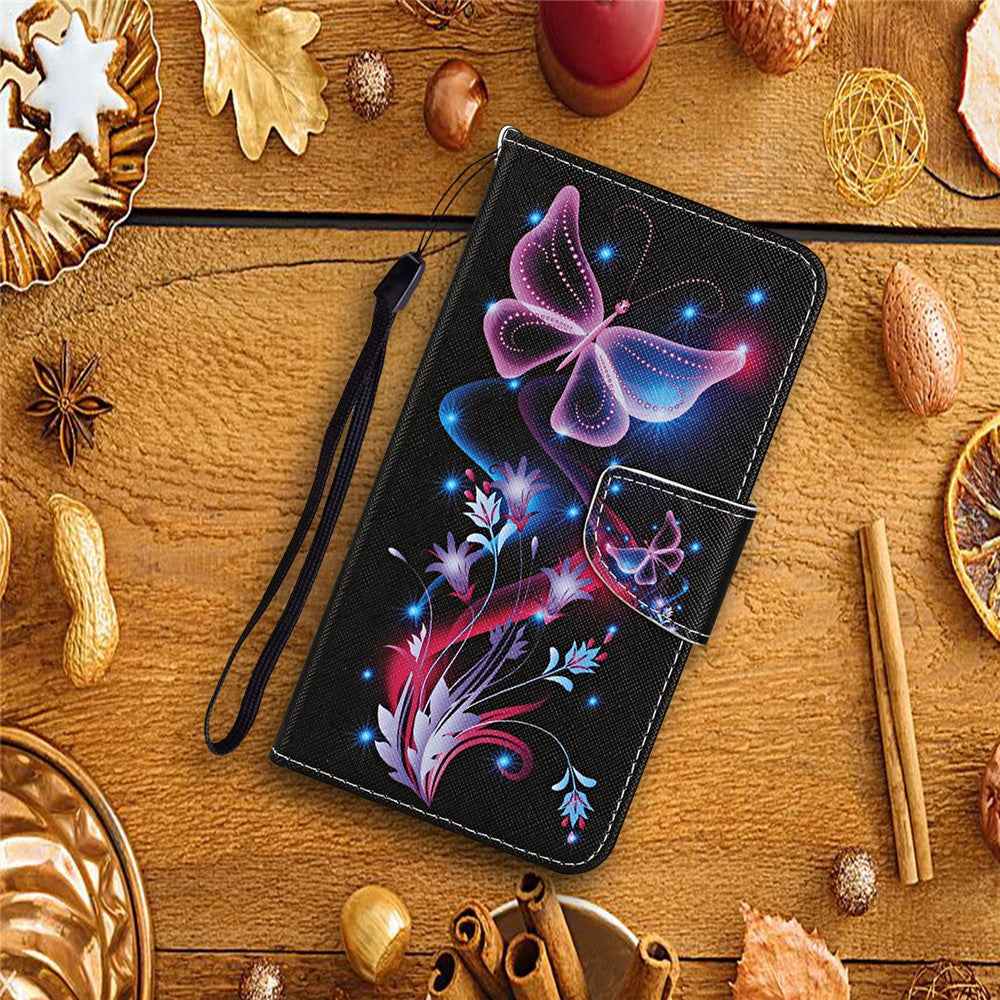 For Samsung Galaxy A57 5G Case Pattern Printing Protective Leather Folio Phone Cover with Wrist Strap - Glowing Butterfly