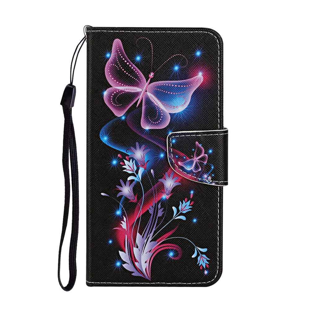 For Samsung Galaxy A57 5G Case Pattern Printing Protective Leather Folio Phone Cover with Wrist Strap - Glowing Butterfly