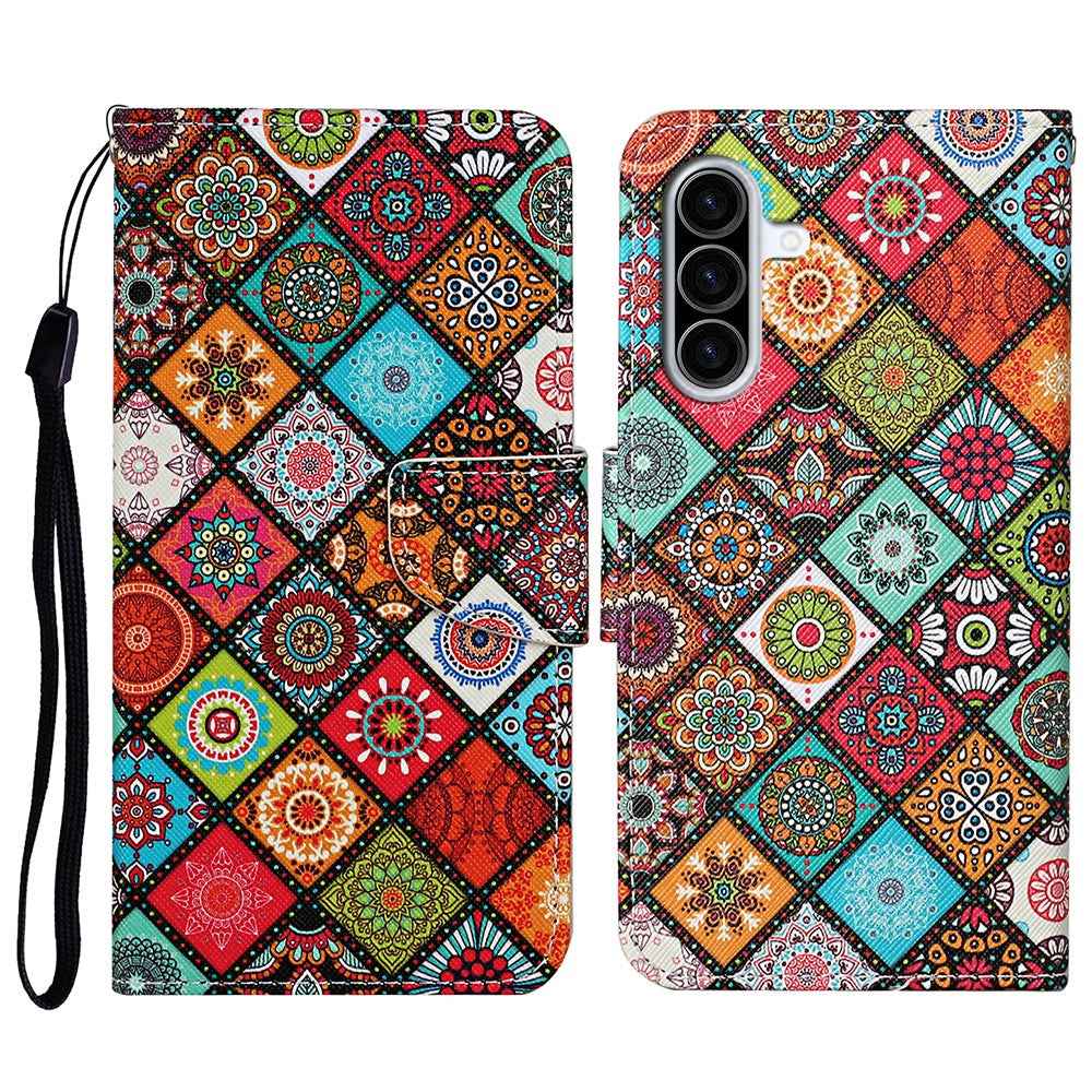 For Samsung Galaxy A57 5G Case Pattern Printing Protective Leather Folio Phone Cover with Wrist Strap - Ethnic Style