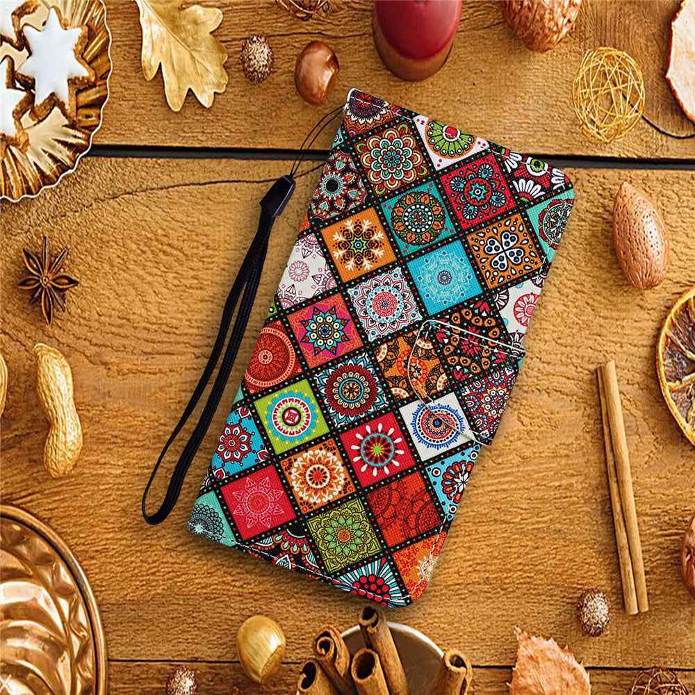 For Samsung Galaxy A57 5G Case Pattern Printing Protective Leather Folio Phone Cover with Wrist Strap - Ethnic Style
