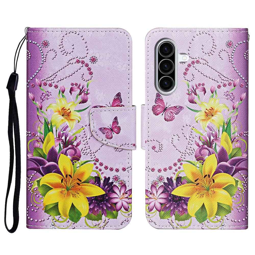 For Samsung Galaxy A57 5G Case Pattern Printing Protective Leather Folio Phone Cover with Wrist Strap - Yellow Butterfly