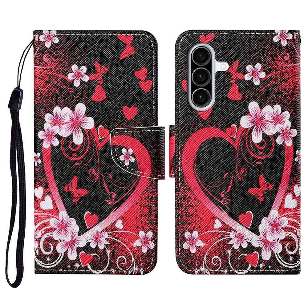For Samsung Galaxy A57 5G Case Pattern Printing Protective Leather Folio Phone Cover with Wrist Strap - Red Heart