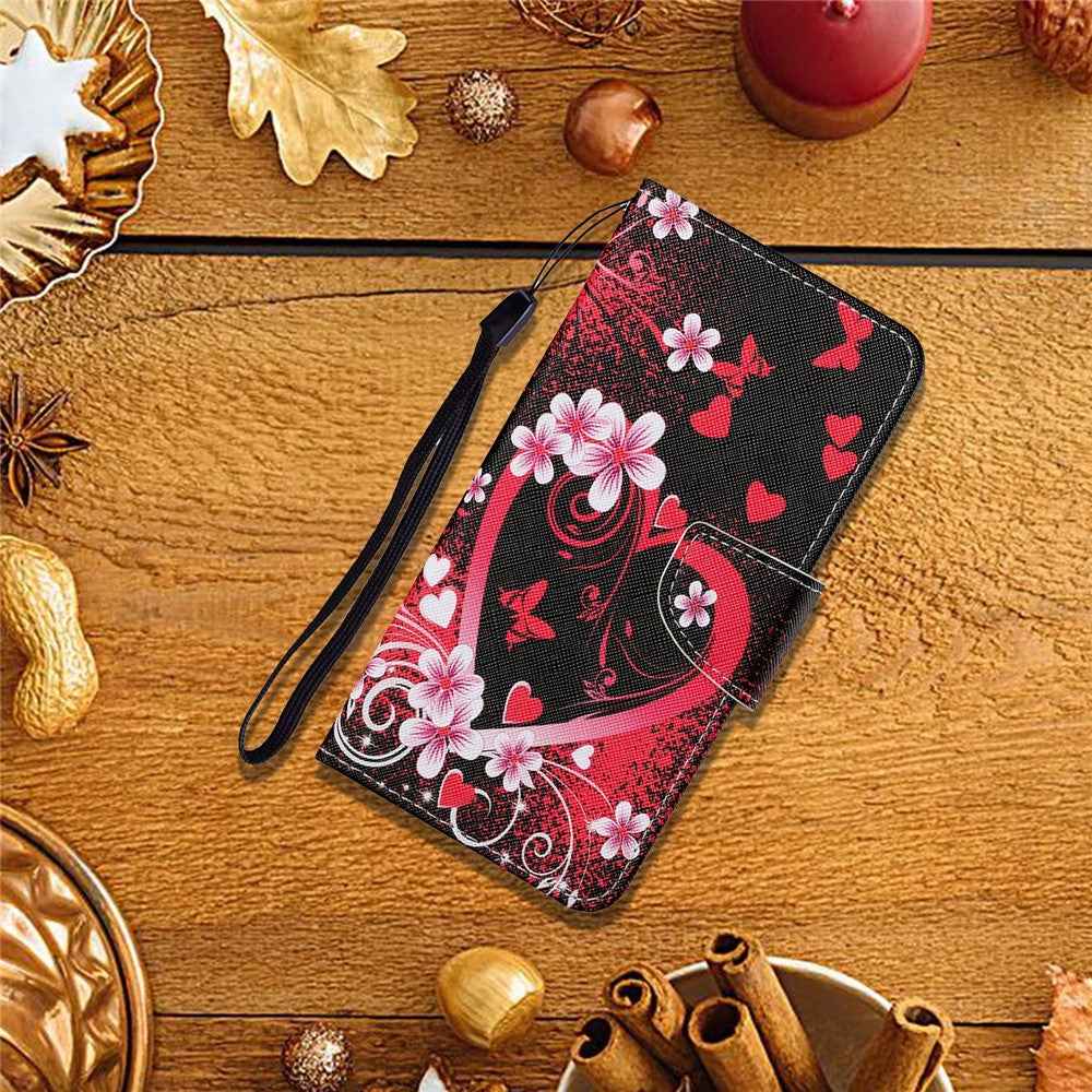 For Samsung Galaxy A57 5G Case Pattern Printing Protective Leather Folio Phone Cover with Wrist Strap - Red Heart