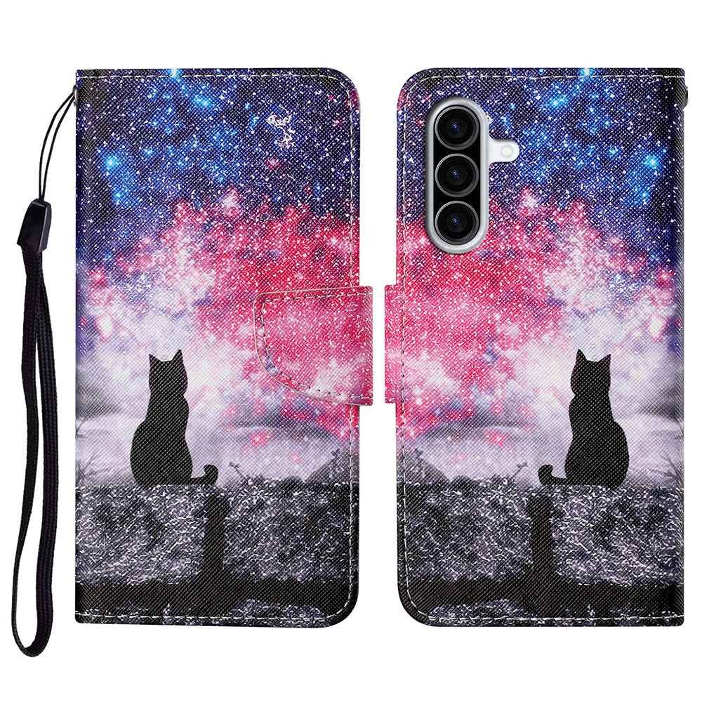 For Samsung Galaxy A57 5G Case Pattern Printing Protective Leather Folio Phone Cover with Wrist Strap - Galaxy Cat