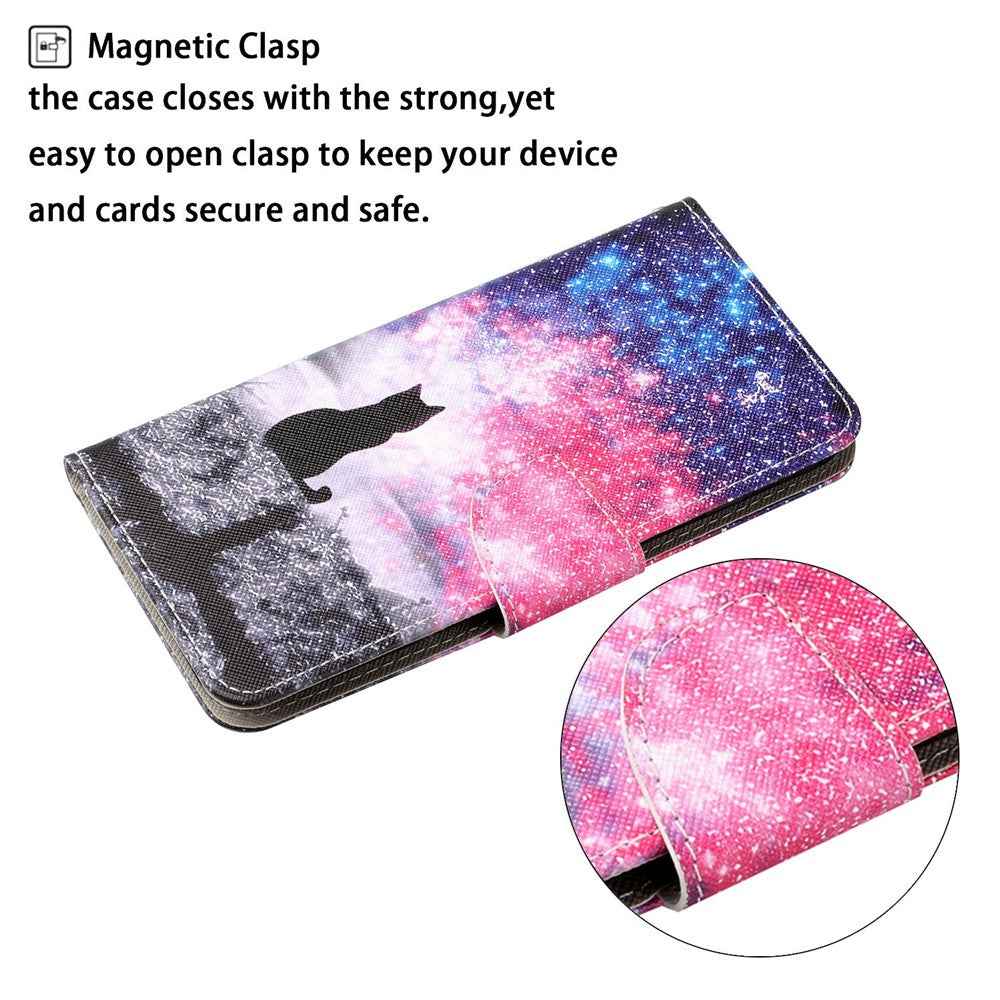 For Samsung Galaxy A57 5G Case Pattern Printing Protective Leather Folio Phone Cover with Wrist Strap - Galaxy Cat