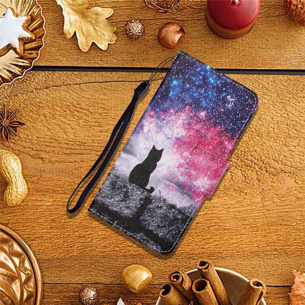 For Samsung Galaxy A57 5G Case Pattern Printing Protective Leather Folio Phone Cover with Wrist Strap - Galaxy Cat