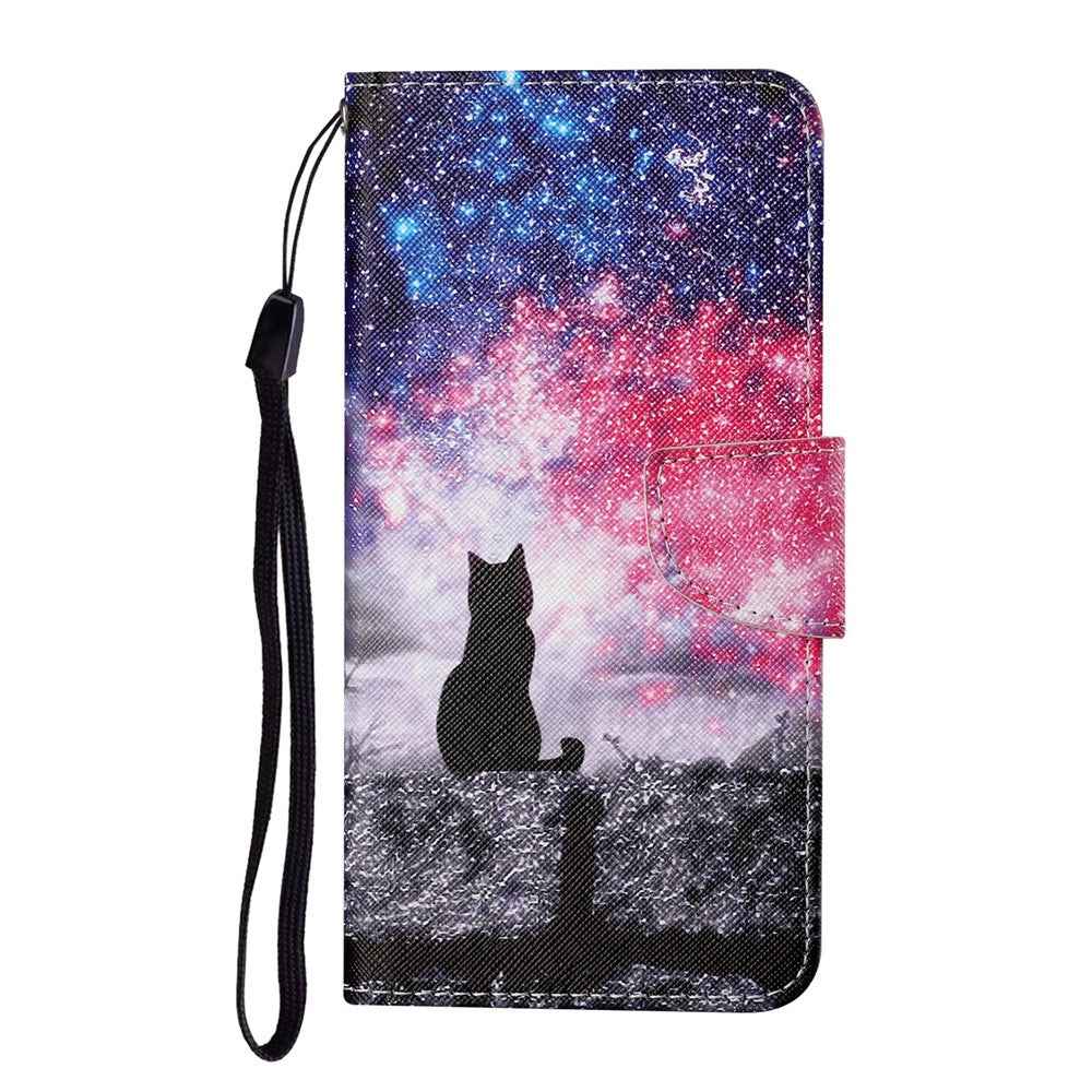 For Samsung Galaxy A57 5G Case Pattern Printing Protective Leather Folio Phone Cover with Wrist Strap - Galaxy Cat