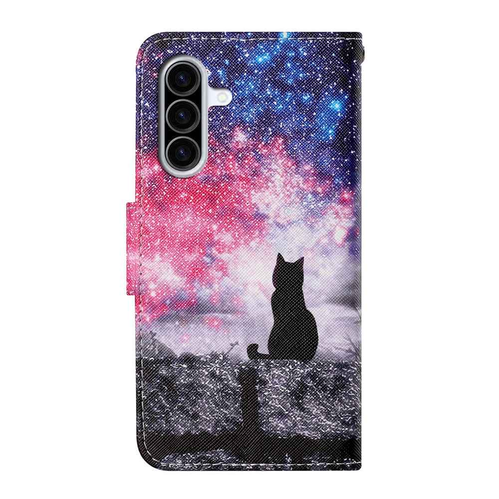 For Samsung Galaxy A57 5G Case Pattern Printing Protective Leather Folio Phone Cover with Wrist Strap - Galaxy Cat