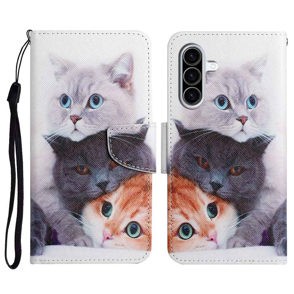 For Samsung Galaxy A57 5G Case Pattern Printing Protective Leather Folio Phone Cover with Wrist Strap - Three Cats