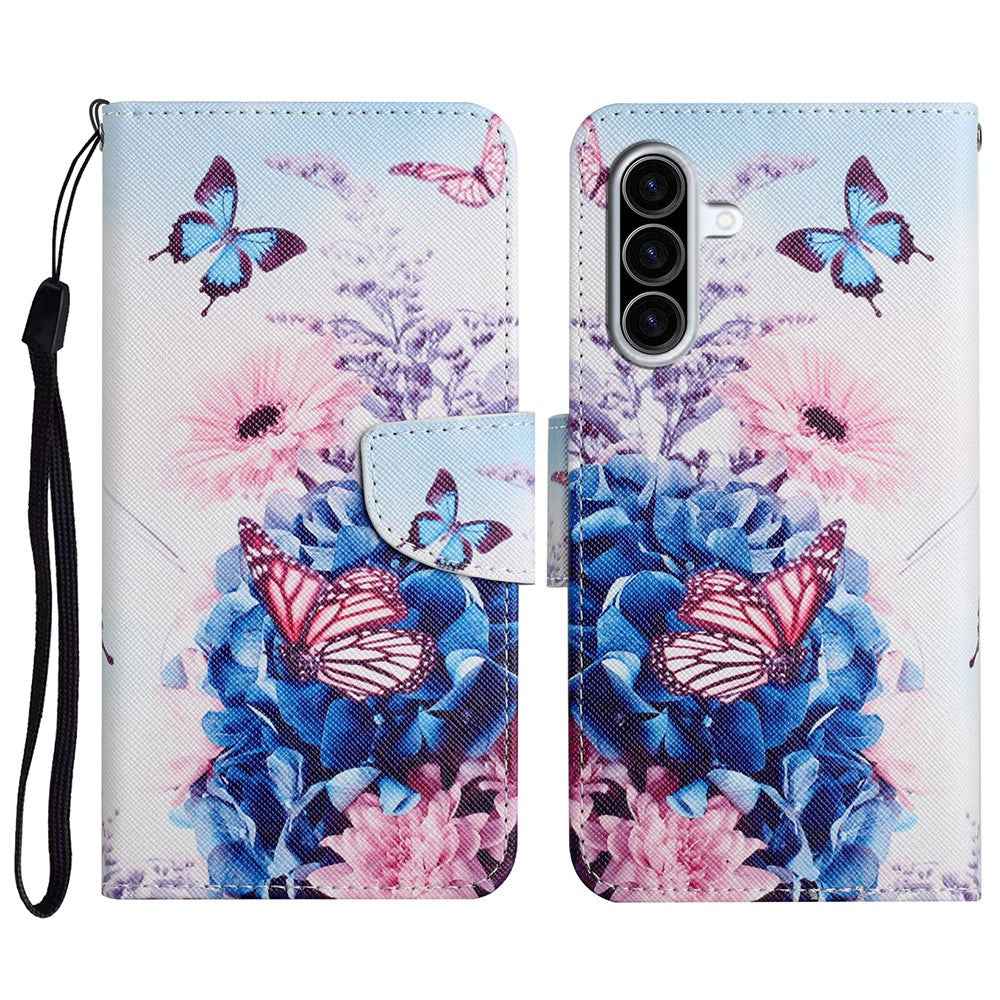 For Samsung Galaxy A57 5G Case Pattern Printing Protective Leather Folio Phone Cover with Wrist Strap - Purple Butterfly