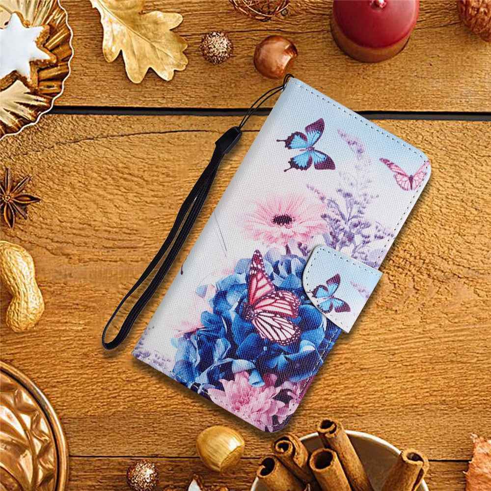 For Samsung Galaxy A57 5G Case Pattern Printing Protective Leather Folio Phone Cover with Wrist Strap - Purple Butterfly