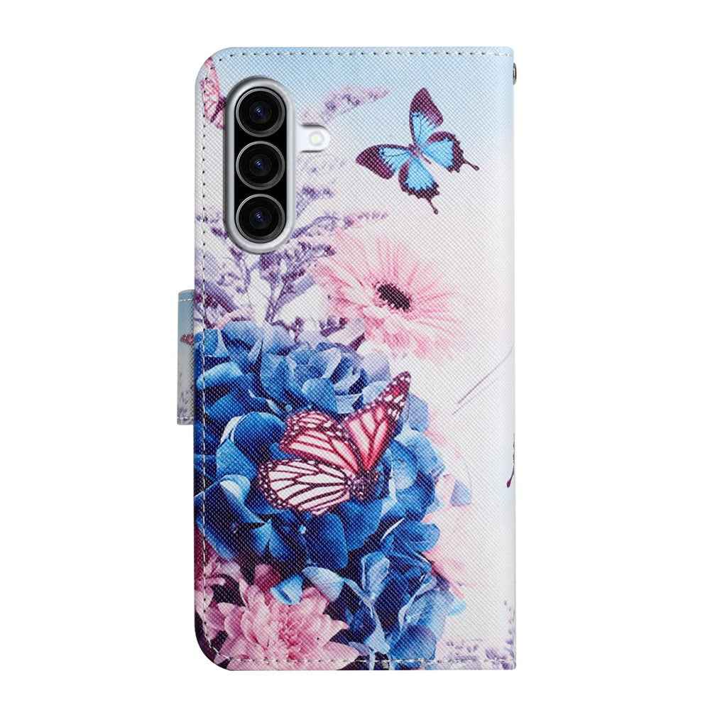 For Samsung Galaxy A57 5G Case Pattern Printing Protective Leather Folio Phone Cover with Wrist Strap - Purple Butterfly