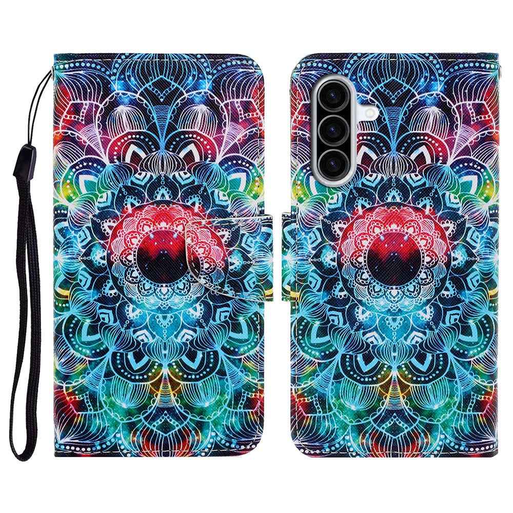 For Samsung Galaxy A57 5G Case Pattern Printing Protective Leather Folio Phone Cover with Wrist Strap - Mandala