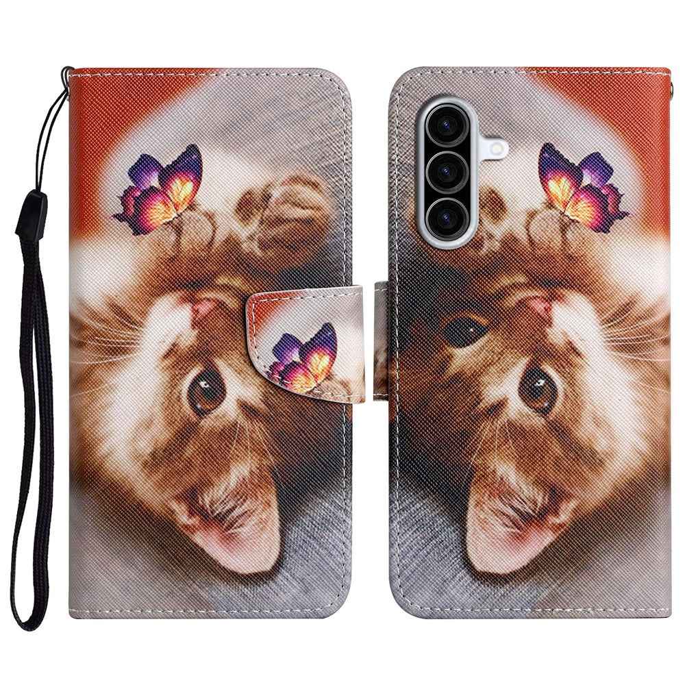 For Samsung Galaxy A57 5G Case Pattern Printing Protective Leather Folio Phone Cover with Wrist Strap - Butterfly Cat