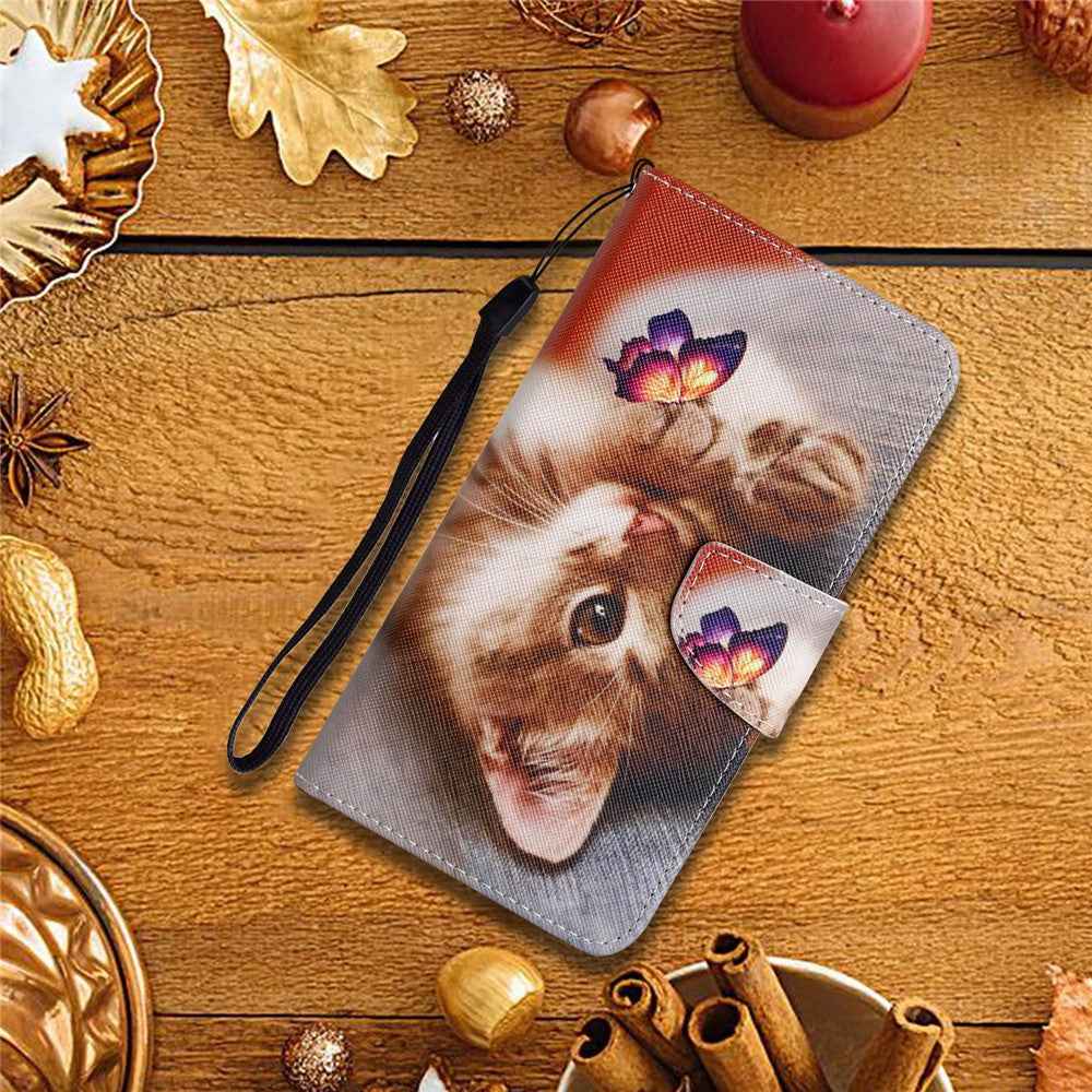 For Samsung Galaxy A57 5G Case Pattern Printing Protective Leather Folio Phone Cover with Wrist Strap - Butterfly Cat