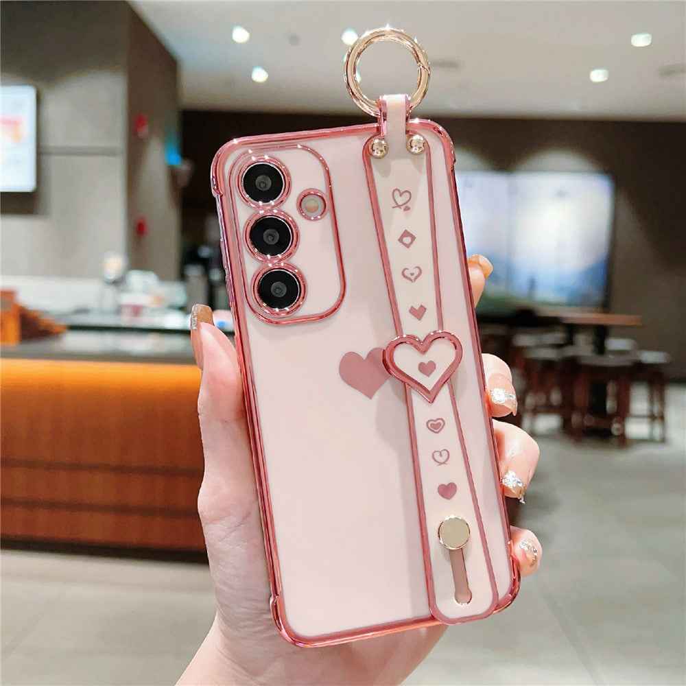 For Samsung Galaxy A57 5G Case Wristband Kickstand Electroplated Love Heart TPU Phone Cover Finger Holder - Pink