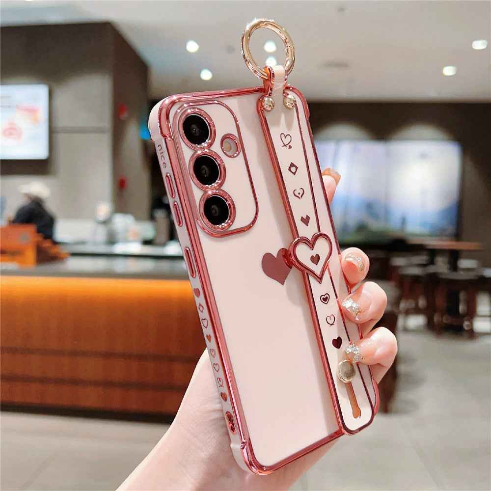 For Samsung Galaxy A57 5G Case Wristband Kickstand Electroplated Love Heart TPU Phone Cover Finger Holder - Pink