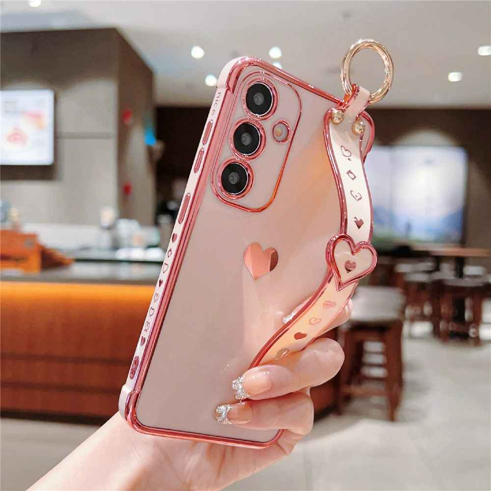 For Samsung Galaxy A57 5G Case Wristband Kickstand Electroplated Love Heart TPU Phone Cover Finger Holder - Pink