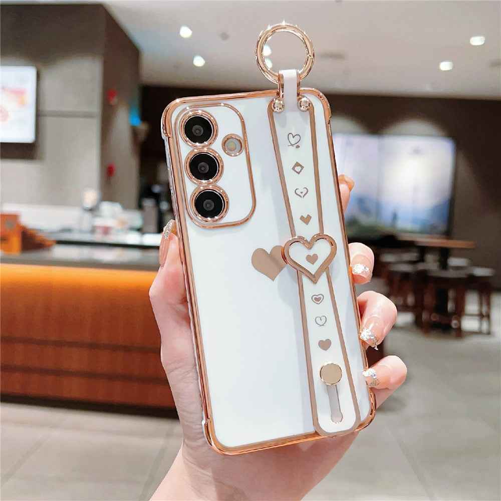 For Samsung Galaxy A57 5G Case Wristband Kickstand Electroplated Love Heart TPU Phone Cover Finger Holder - Ivory White