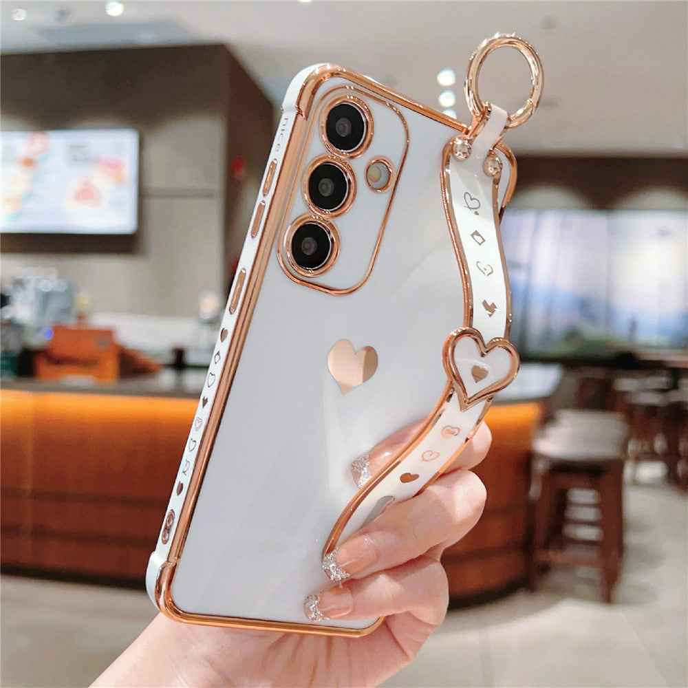 For Samsung Galaxy A57 5G Case Wristband Kickstand Electroplated Love Heart TPU Phone Cover Finger Holder - Ivory White