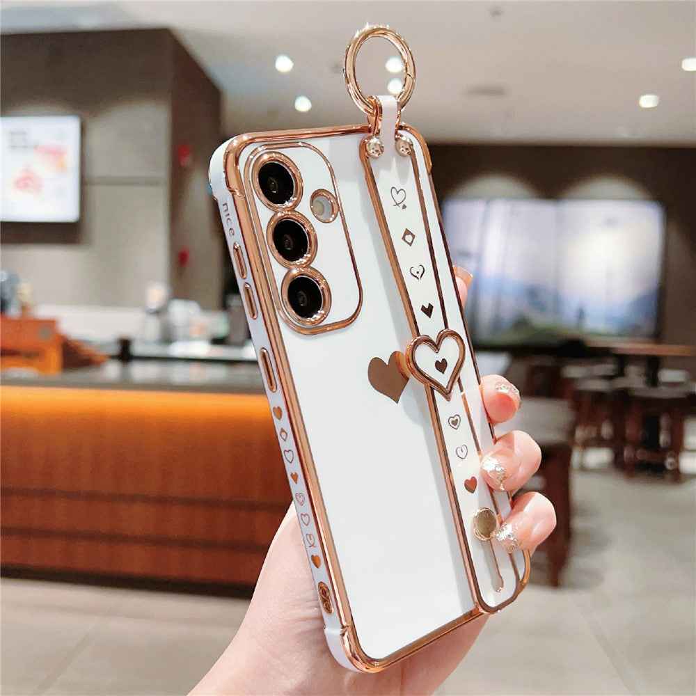 For Samsung Galaxy A57 5G Case Wristband Kickstand Electroplated Love Heart TPU Phone Cover Finger Holder - Ivory White