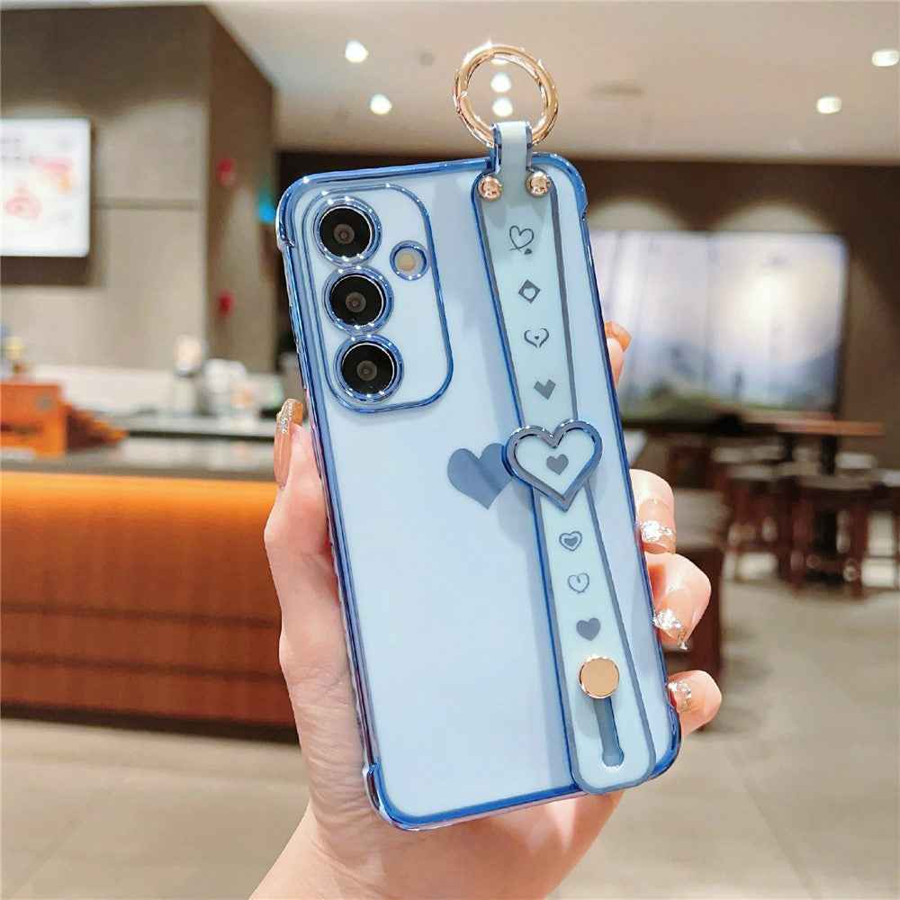 For Samsung Galaxy A57 5G Case Wristband Kickstand Electroplated Love Heart TPU Phone Cover Finger Holder - Blue