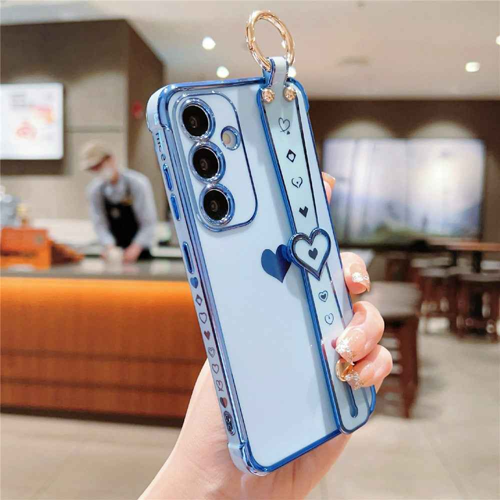For Samsung Galaxy A57 5G Case Wristband Kickstand Electroplated Love Heart TPU Phone Cover Finger Holder - Blue