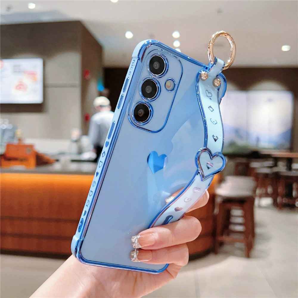 For Samsung Galaxy A57 5G Case Wristband Kickstand Electroplated Love Heart TPU Phone Cover Finger Holder - Blue