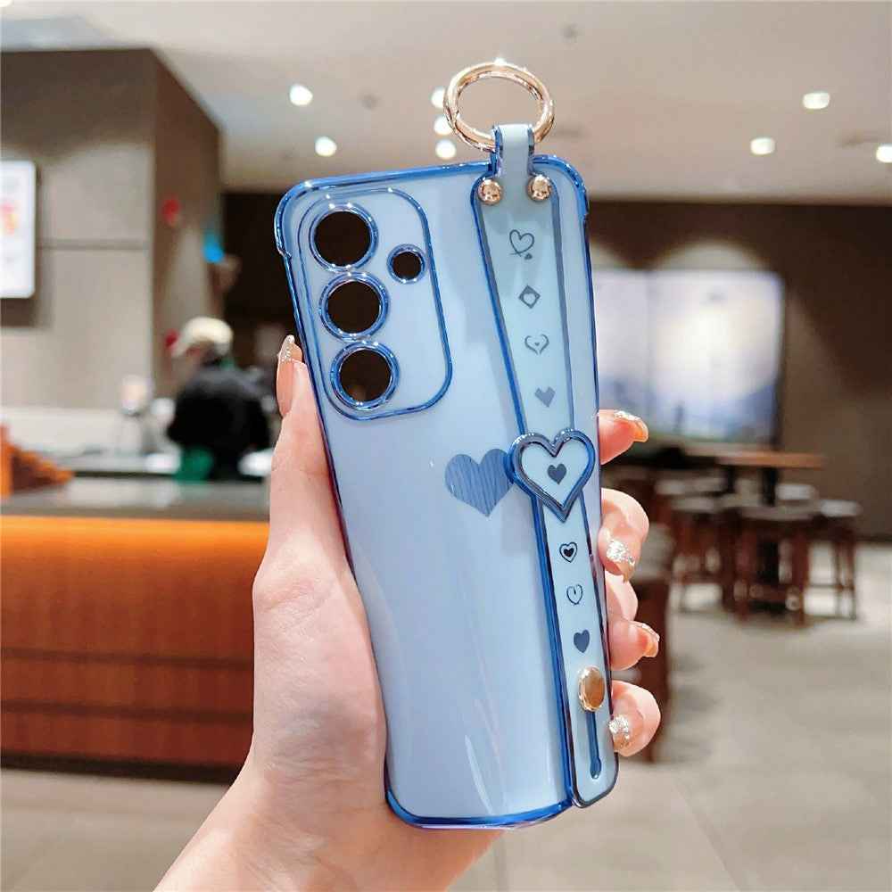 For Samsung Galaxy A57 5G Case Wristband Kickstand Electroplated Love Heart TPU Phone Cover Finger Holder - Blue