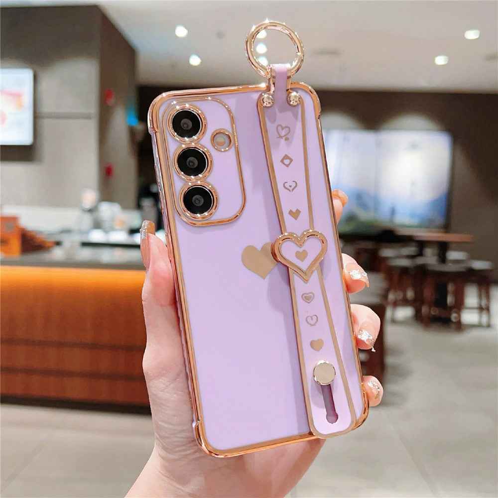 For Samsung Galaxy A57 5G Case Wristband Kickstand Electroplated Love Heart TPU Phone Cover Finger Holder - Purple