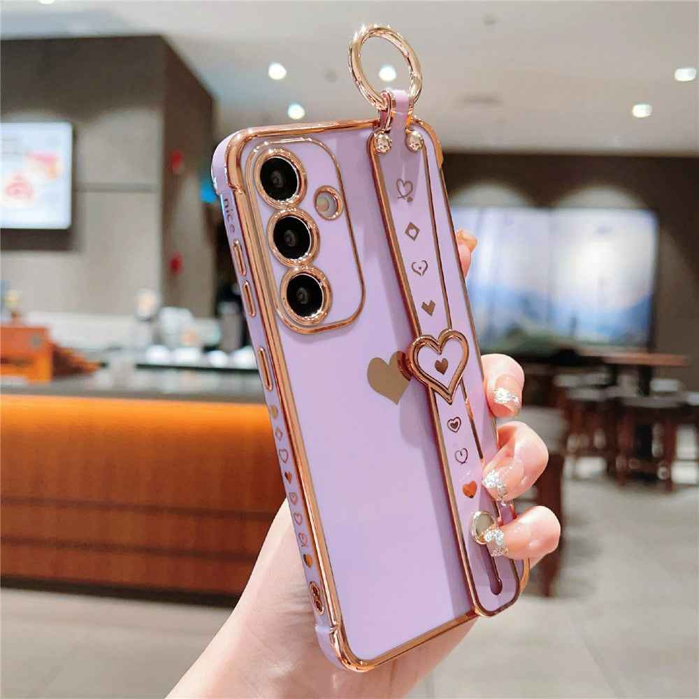 For Samsung Galaxy A57 5G Case Wristband Kickstand Electroplated Love Heart TPU Phone Cover Finger Holder - Purple