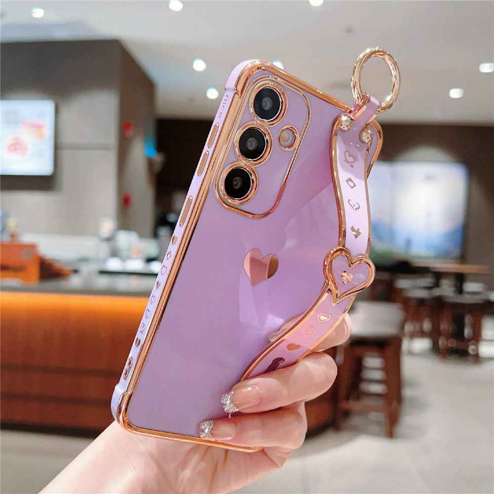 For Samsung Galaxy A57 5G Case Wristband Kickstand Electroplated Love Heart TPU Phone Cover Finger Holder - Purple