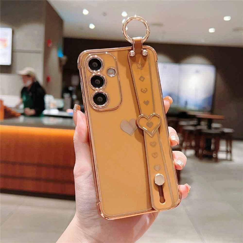 For Samsung Galaxy A57 5G Case Wristband Kickstand Electroplated Love Heart TPU Phone Cover Finger Holder - Brown