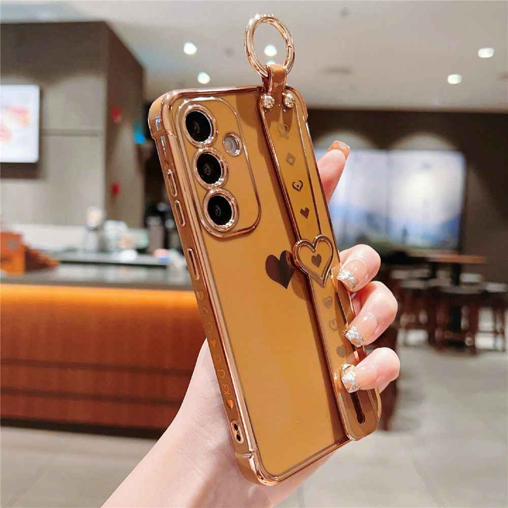 For Samsung Galaxy A57 5G Case Wristband Kickstand Electroplated Love Heart TPU Phone Cover Finger Holder - Brown