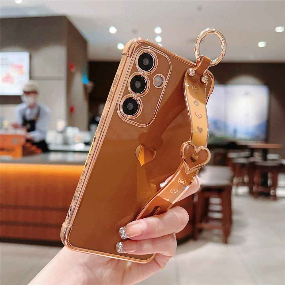 For Samsung Galaxy A57 5G Case Wristband Kickstand Electroplated Love Heart TPU Phone Cover Finger Holder - Brown