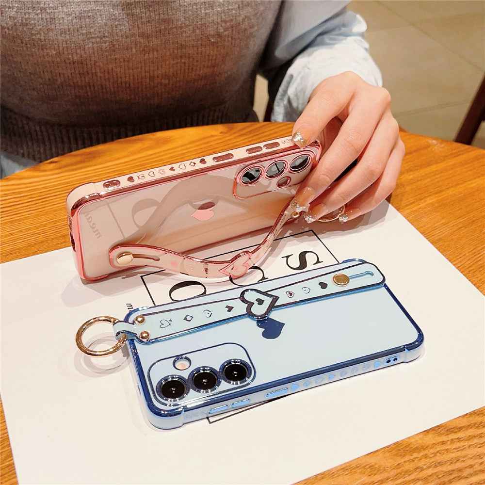 For Samsung Galaxy A57 5G Case Wristband Kickstand Electroplated Love Heart TPU Phone Cover Finger Holder - Brown
